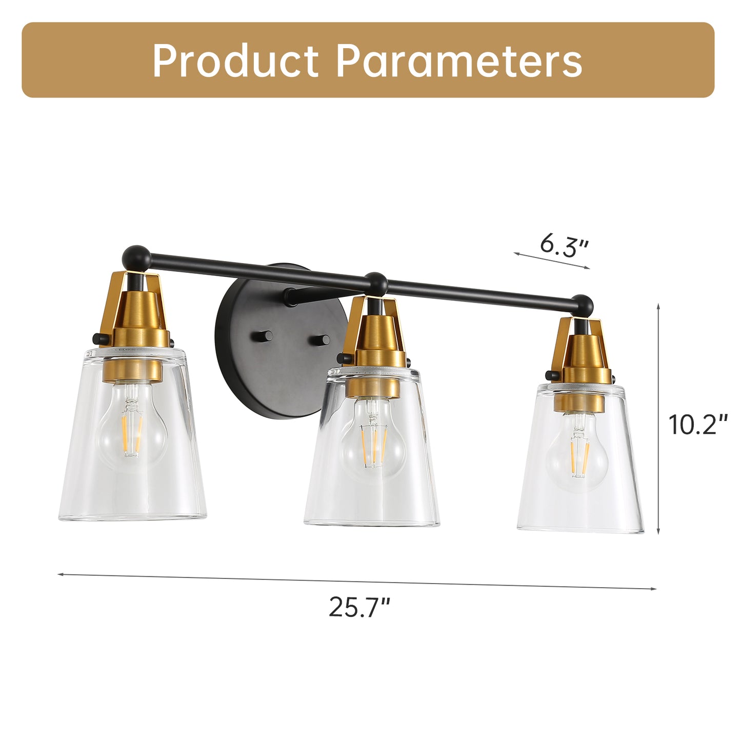 Black and gold threelight vanity light with clear glass shades