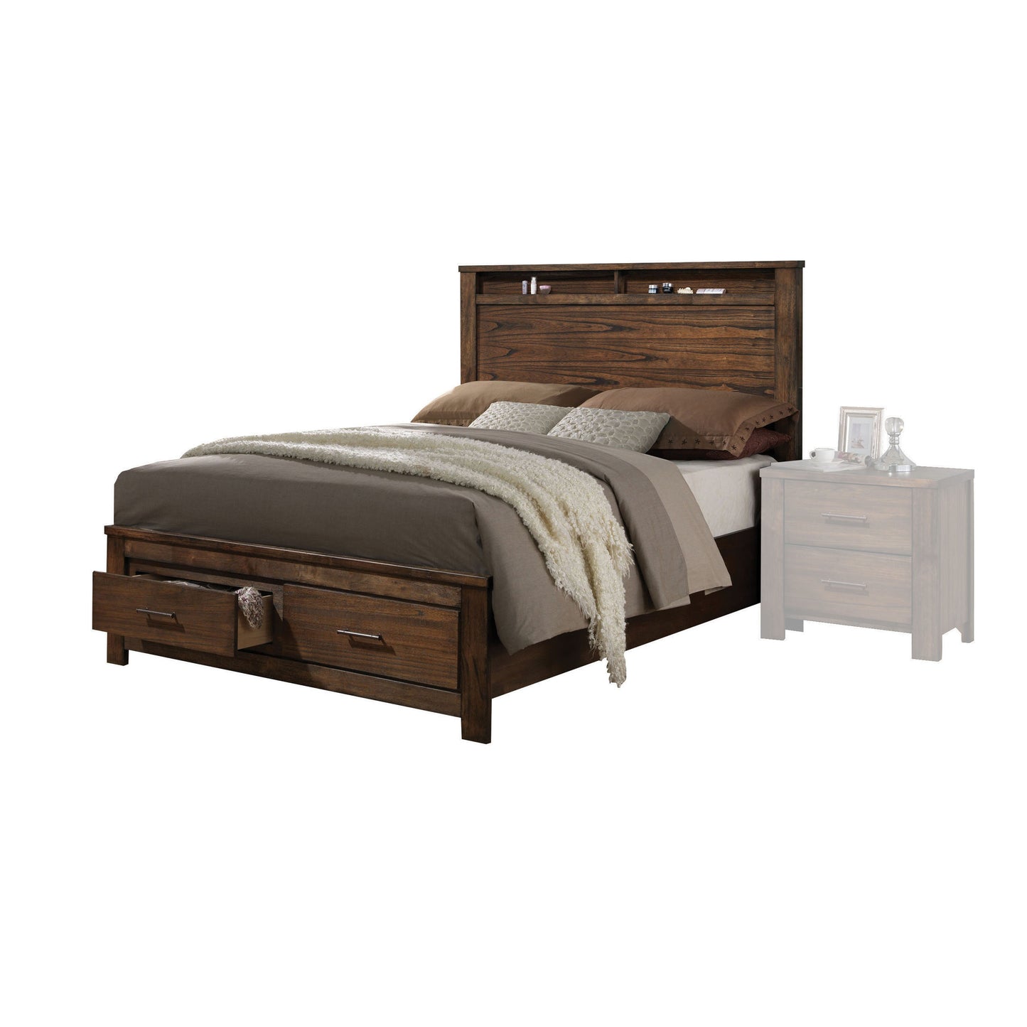 Dark wood king bed frame with bookcase headboard and storage drawers