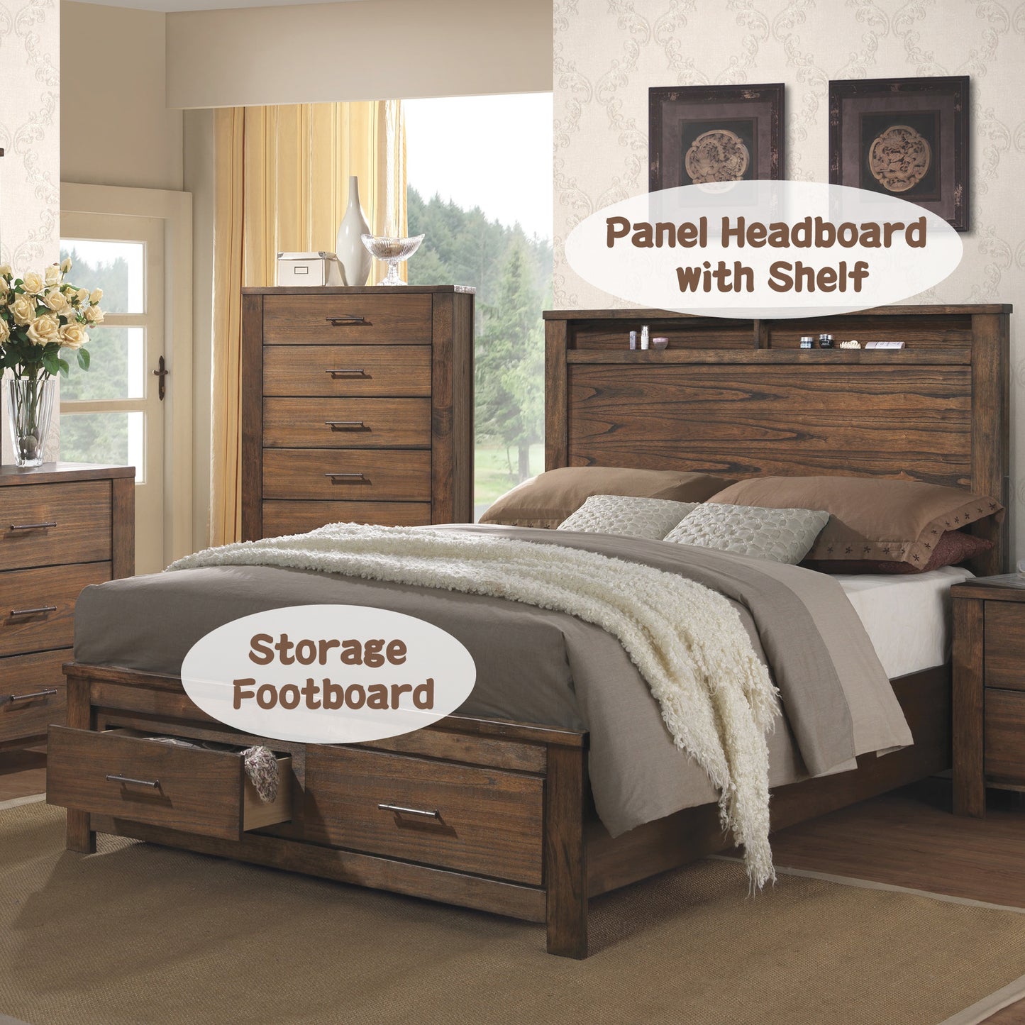 Rustic wood queen bed frame with panel headboard and shelf