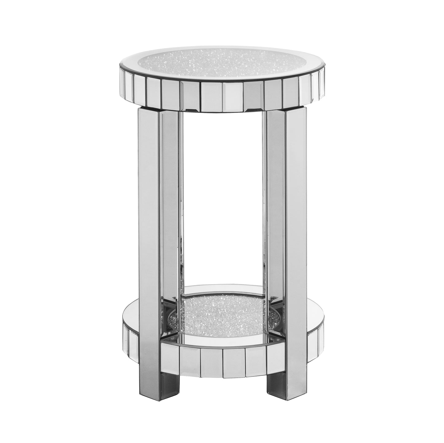 Mirrored pedestal table with faceted crystal accents