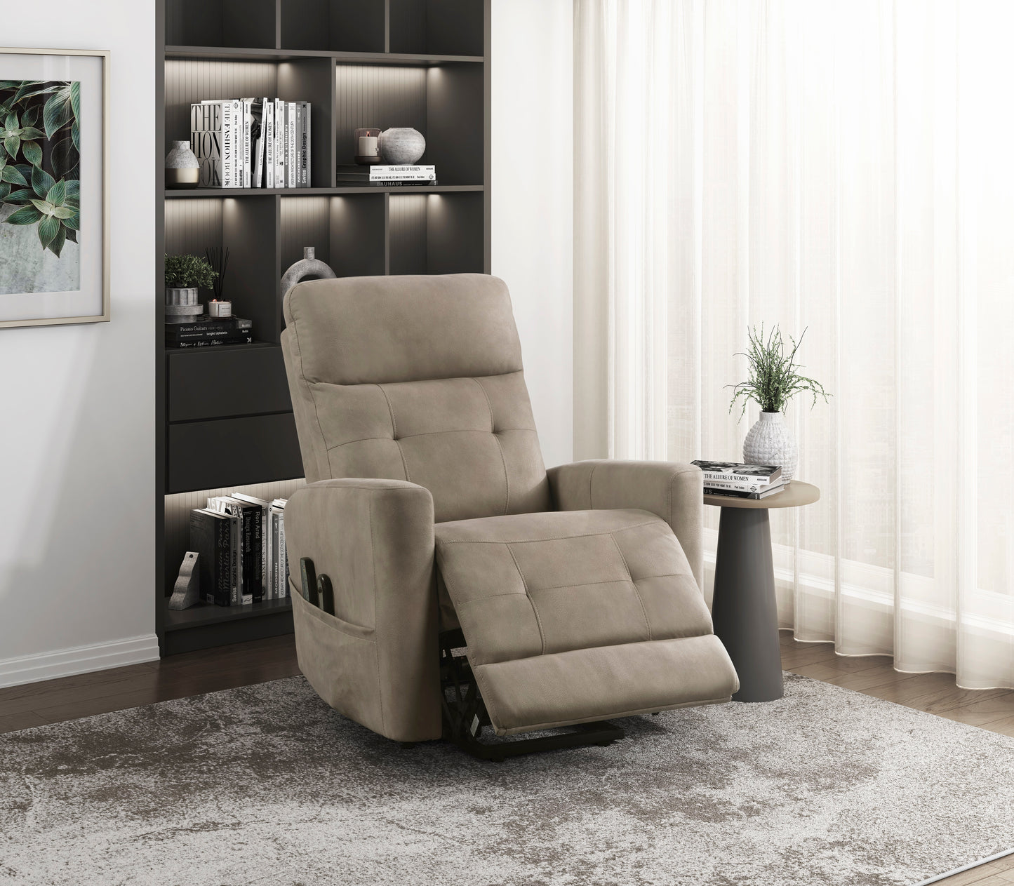 taupe upholstered power recliner with side pocket and footrest extended