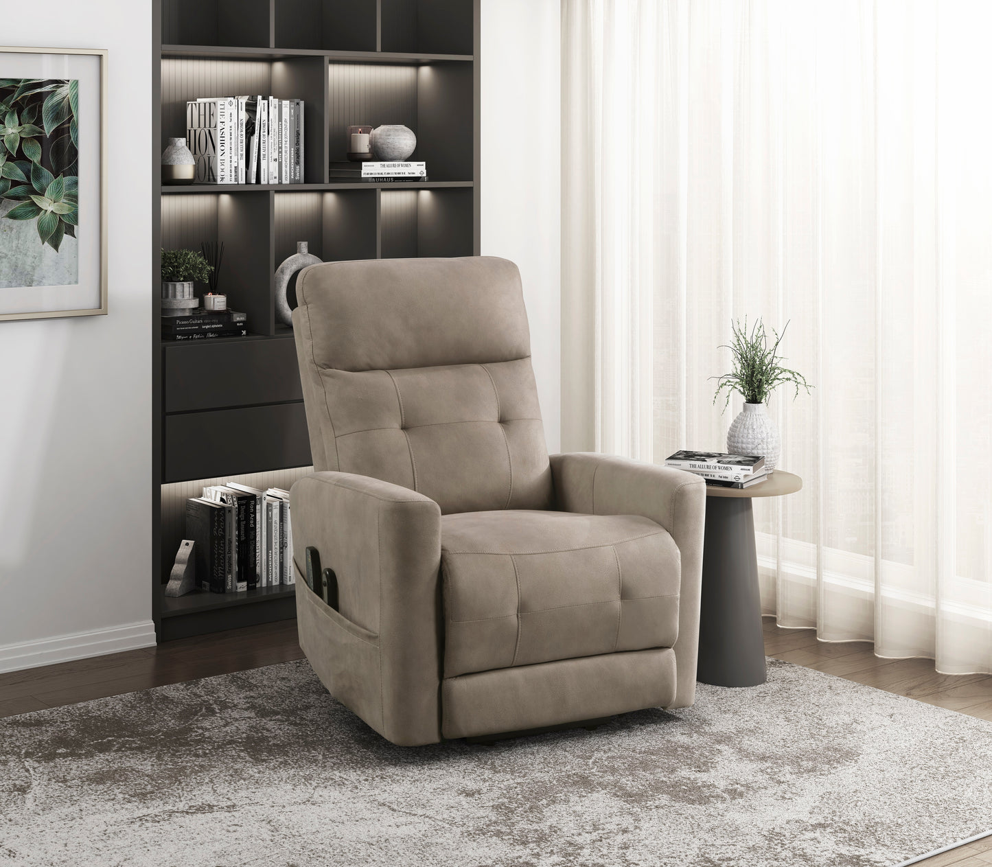 Taupe fabric power recliner chair with plush cushions and side pocket