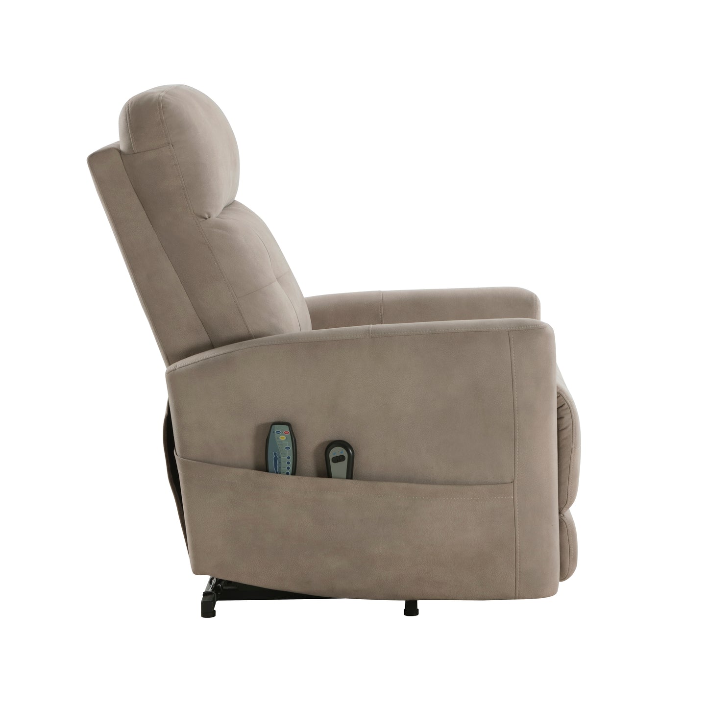 Taupe recliner chair with power lift assist and side pocket for remote