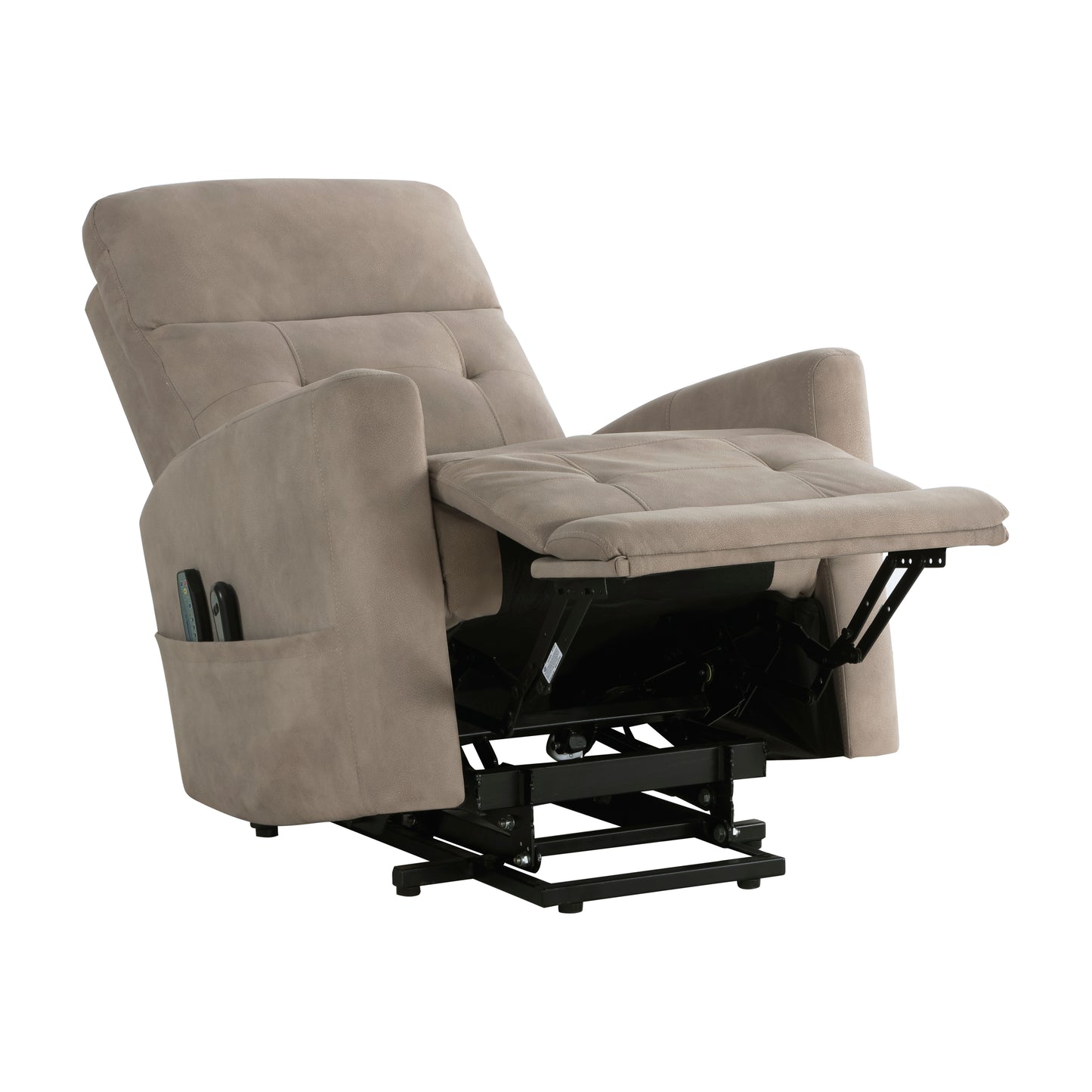 Taupe fabric lift chair recliner with footrest extended and side pocket