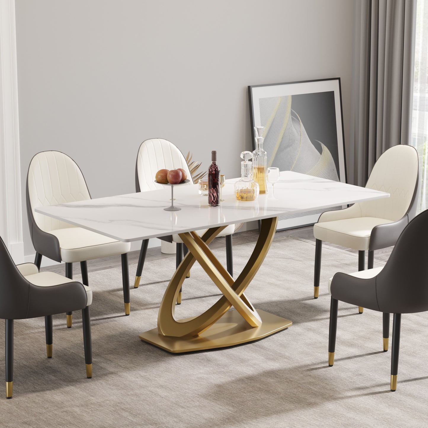 Modern white marble dining table with gold pedestal base and upholstered chairs