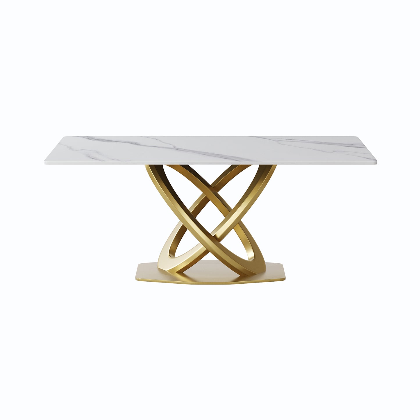 Rectangular marble top dining table with modern gold intersecting pedestal base