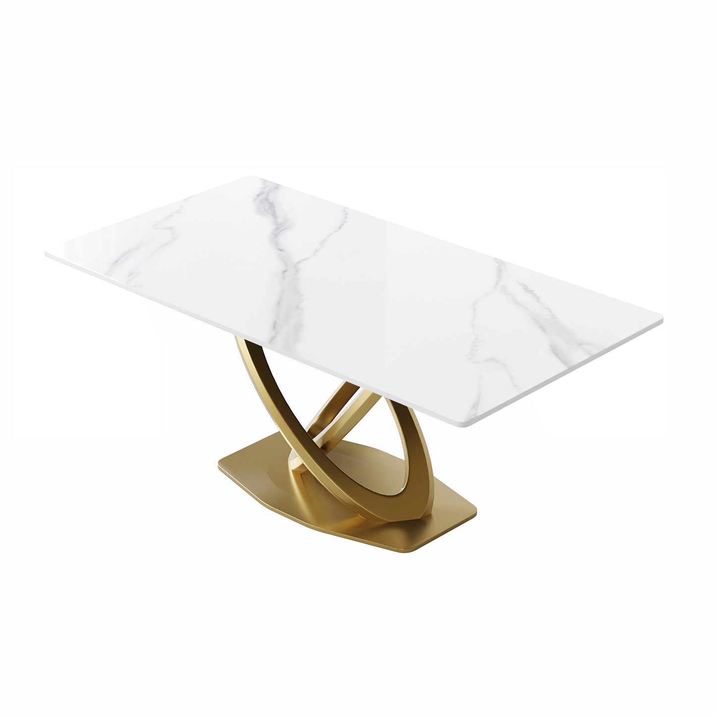 Rectangular white marble top dining table with a modern gold pedestal base