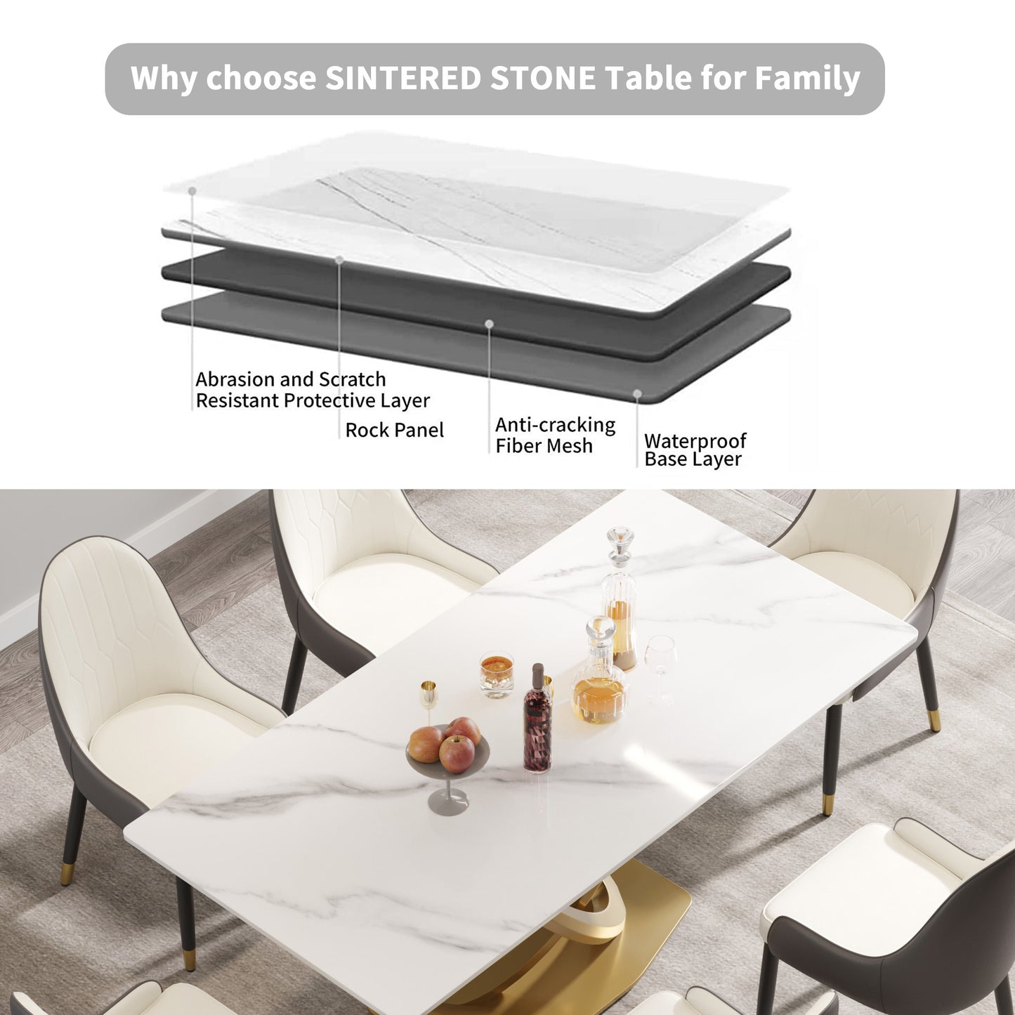 Rectangular sintered stone dining table with marble pattern and gold legs