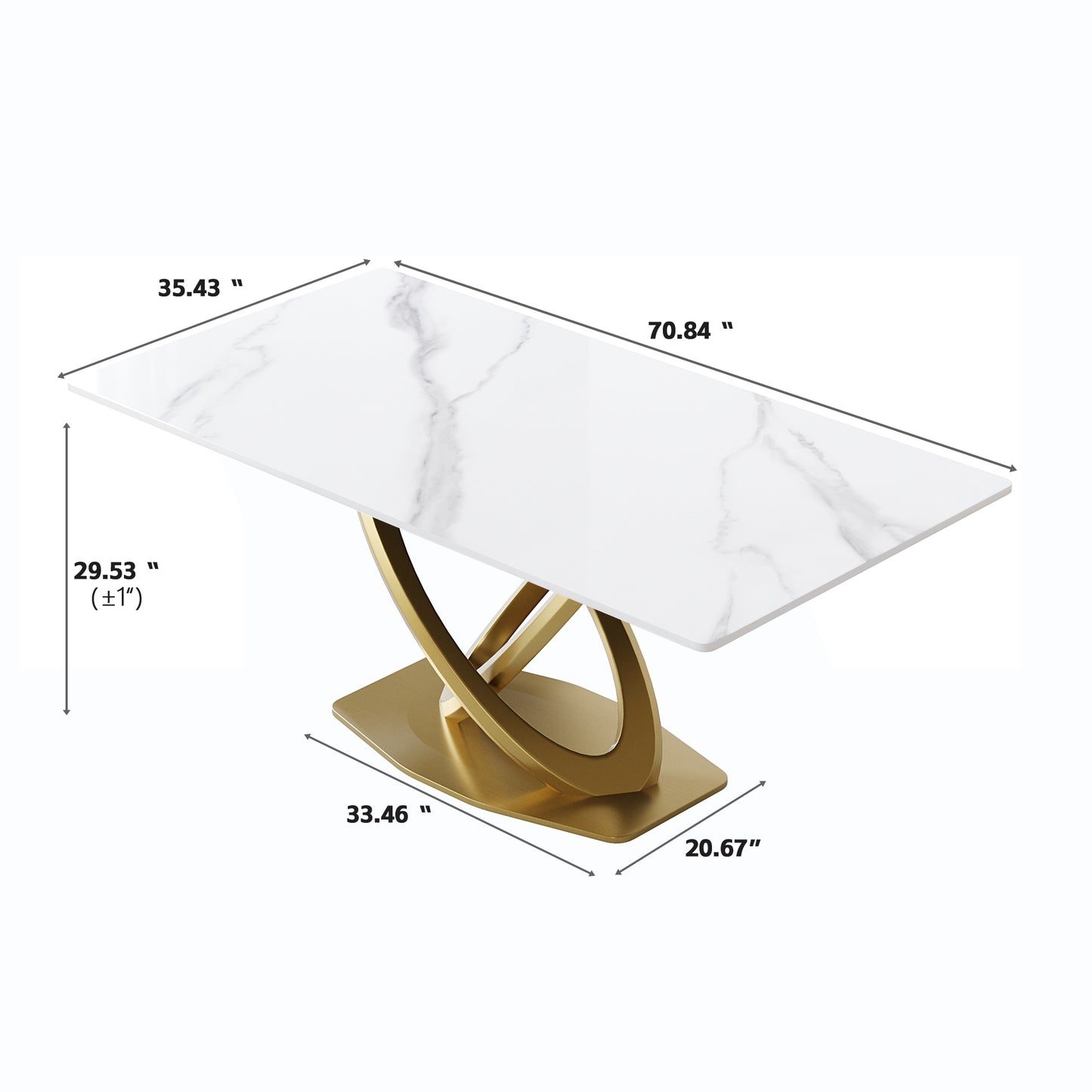 Modern dining table with white marble top and gold pedestal base