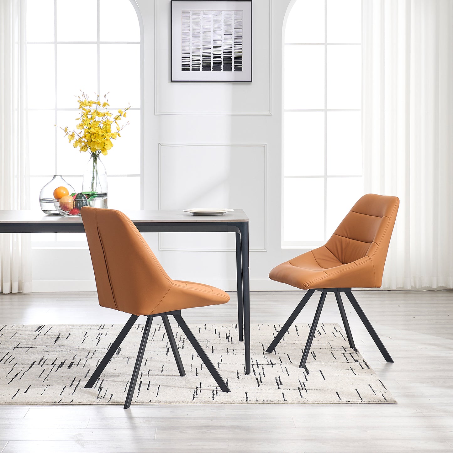 Tan faux leather dining chair with black metal legs