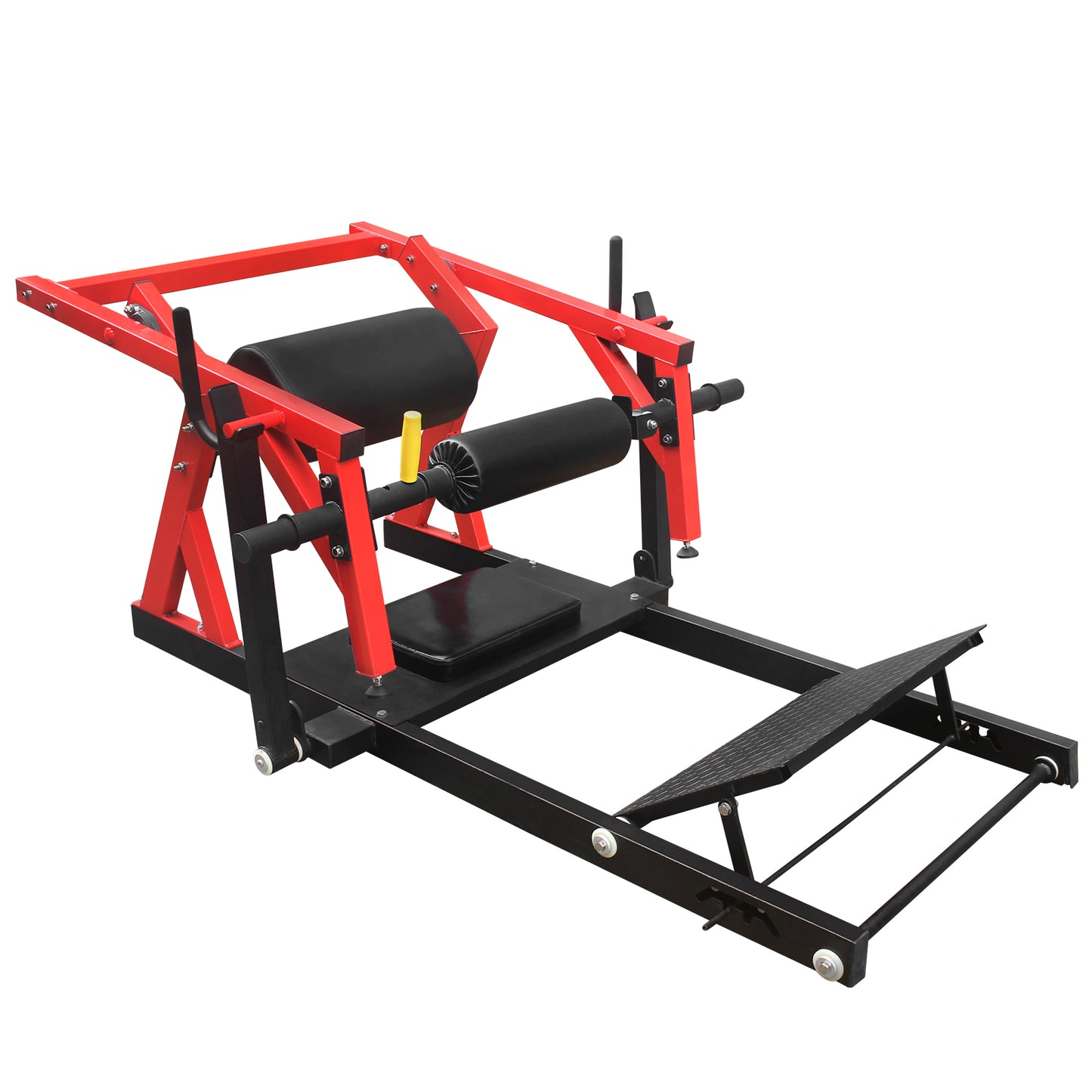 Red and black plate loaded hack squat machine with padded shoulder and back rests