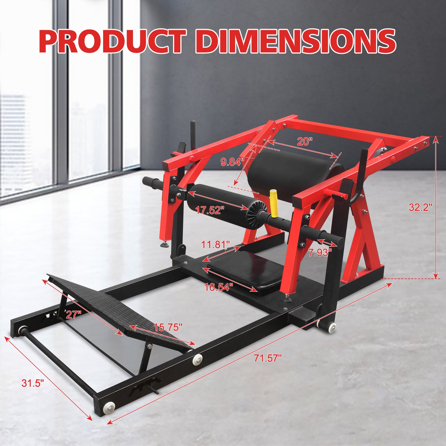 Red and black hack squat machine with detailed dimensions