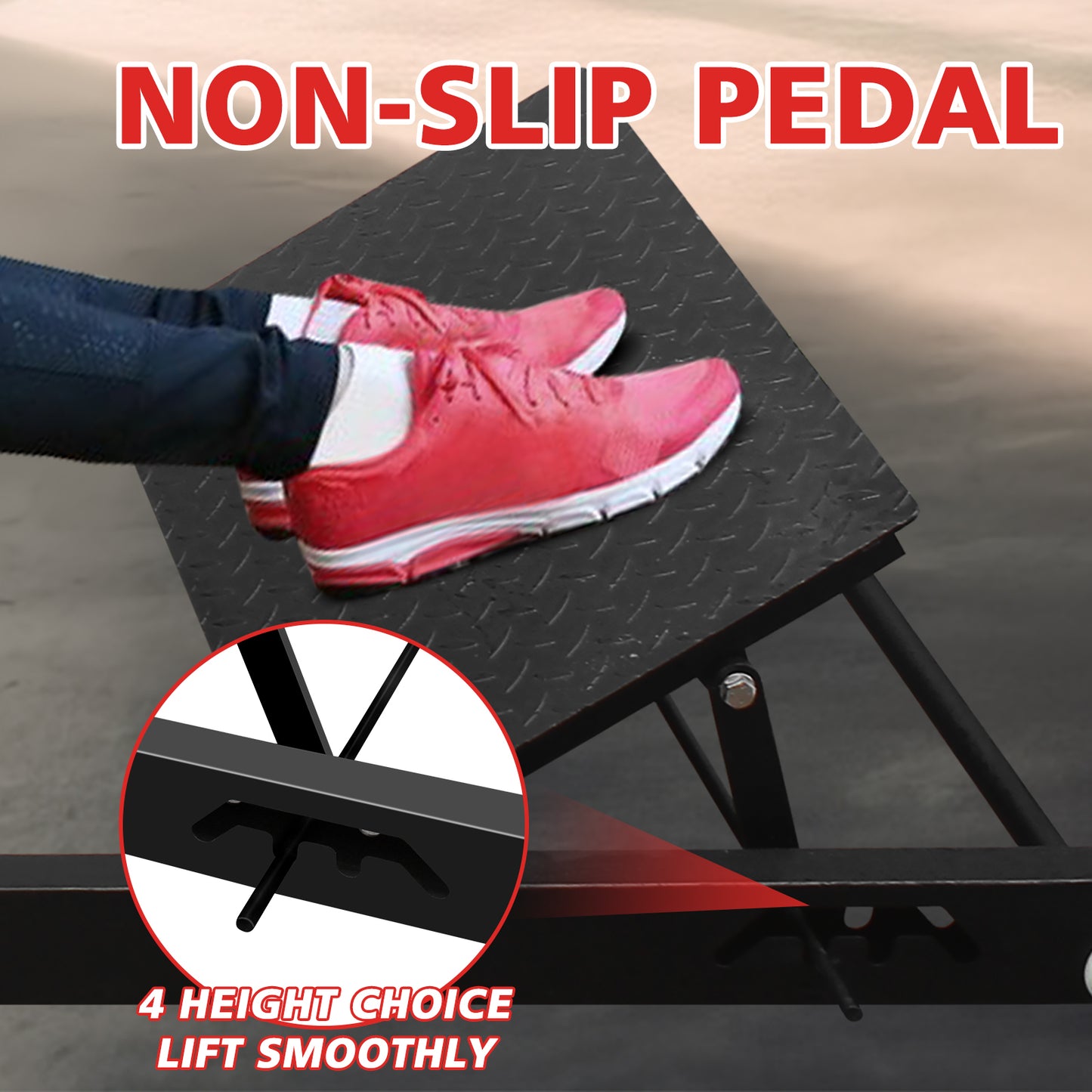 Black diamondtread nonslip pedal with red athletic shoes