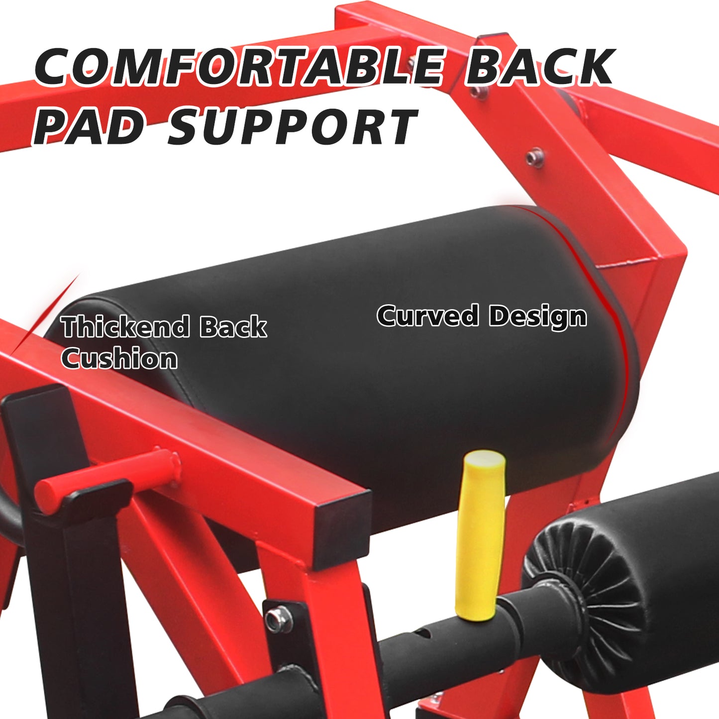 Red metal weight bench with thick black padded back support for comfort