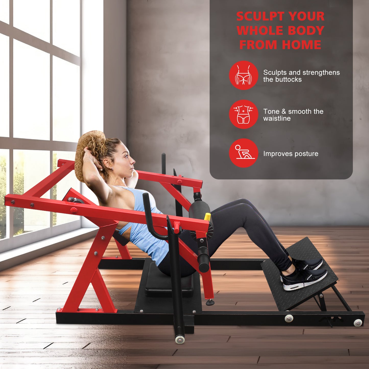 Red multipurpose home gym machine with woman performing exercise