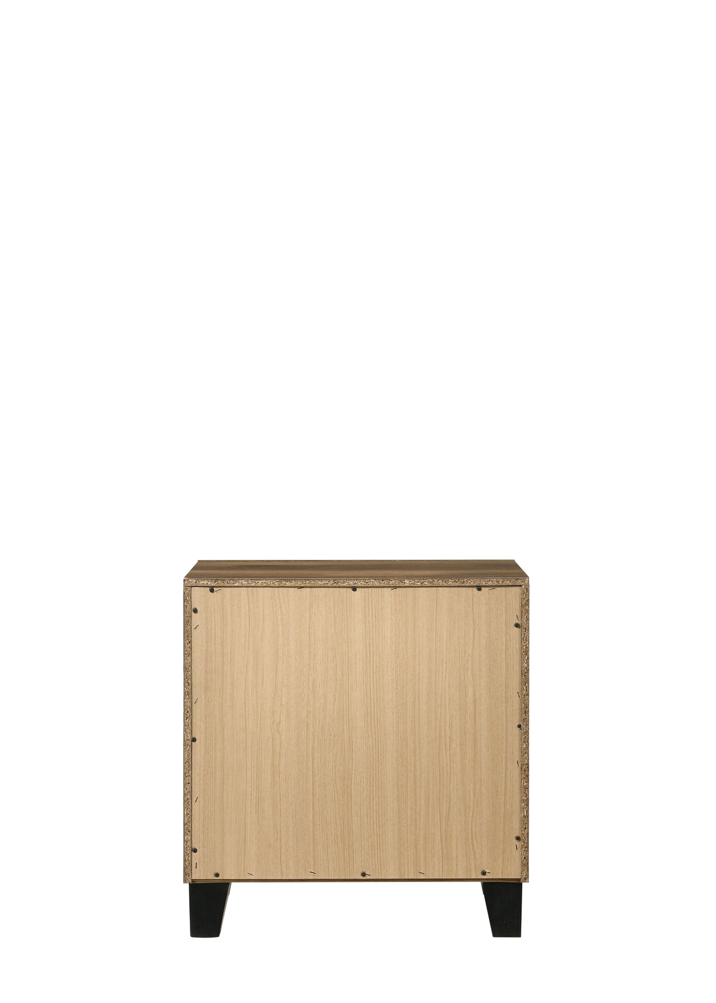 Back view of a light oak laminate dresser with black tapered feet