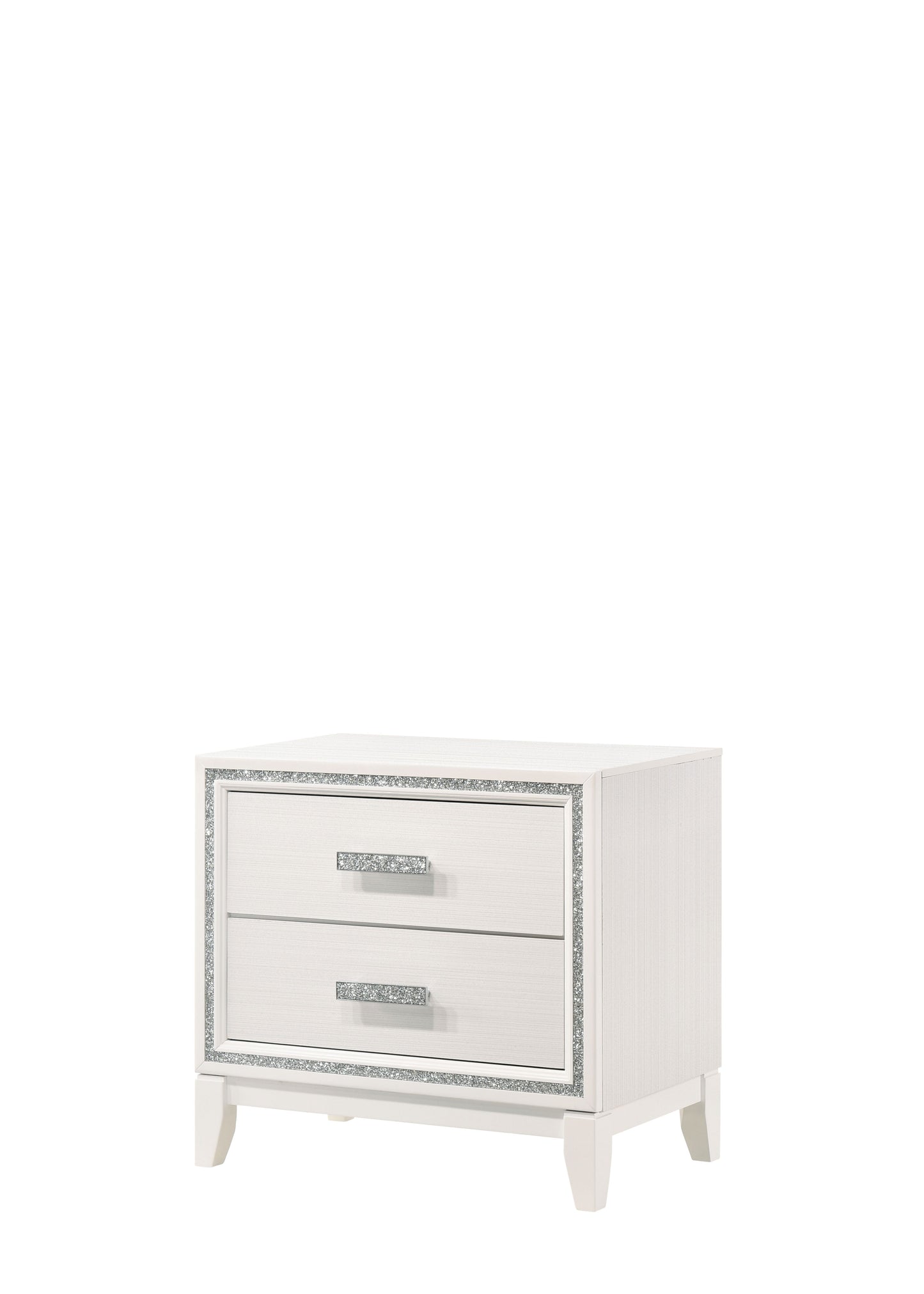 White mirrored nightstand with two drawers and crystal accents