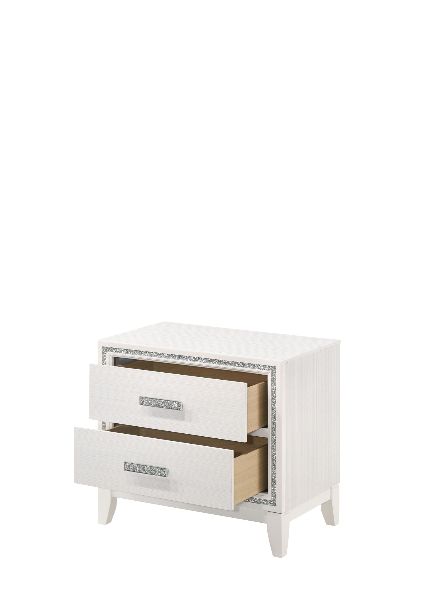 White twodrawer nightstand with crystalinlaid drawer pulls and trim