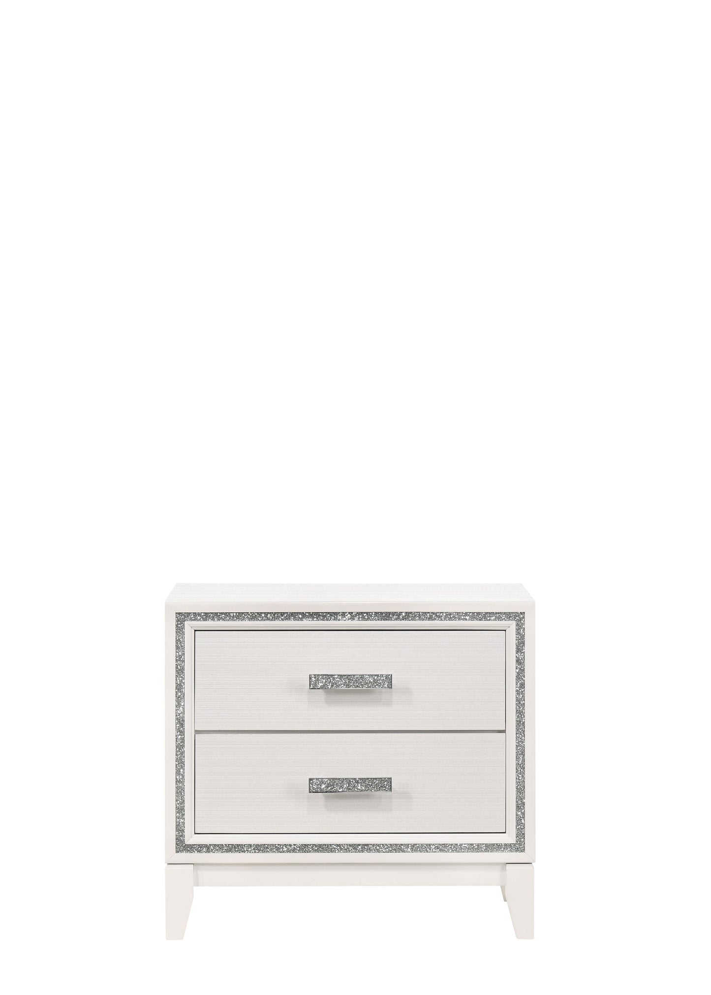 White twodrawer nightstand with crystalinlaid trim and drawer pulls