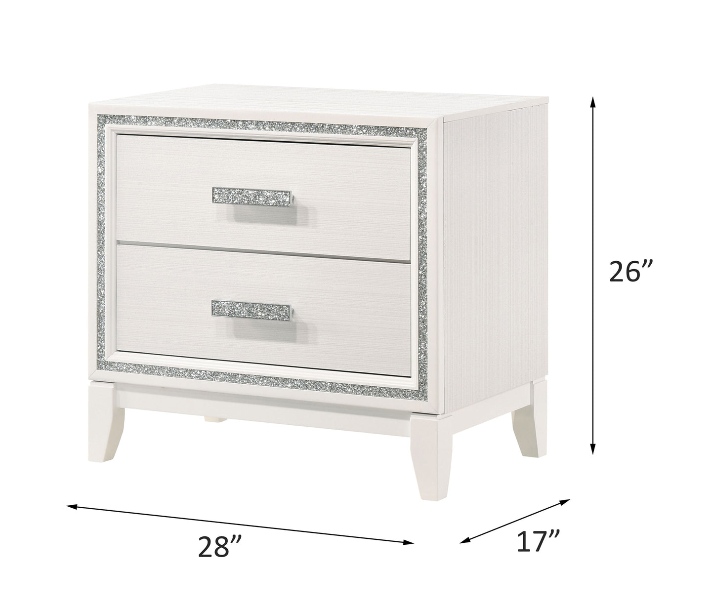 White twodrawer nightstand with crystalencrusted drawer pulls and trim