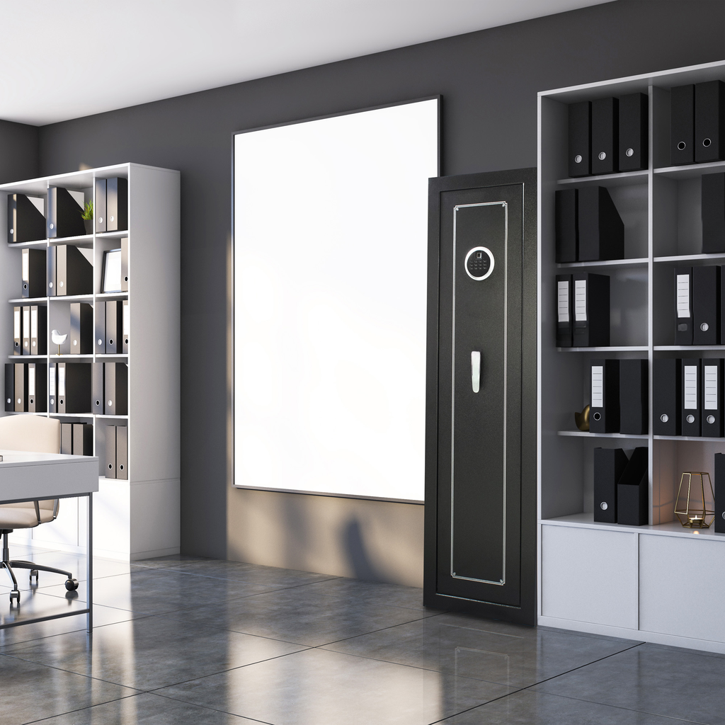 Tall black gun safe with digital keypad and silver handle