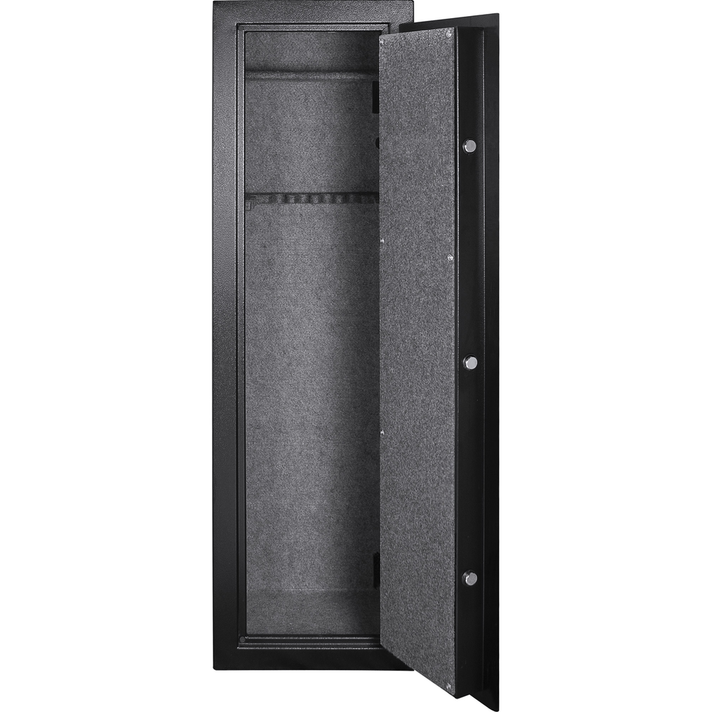 Black metal gun safe with open door and grey interior shelves for secure storage