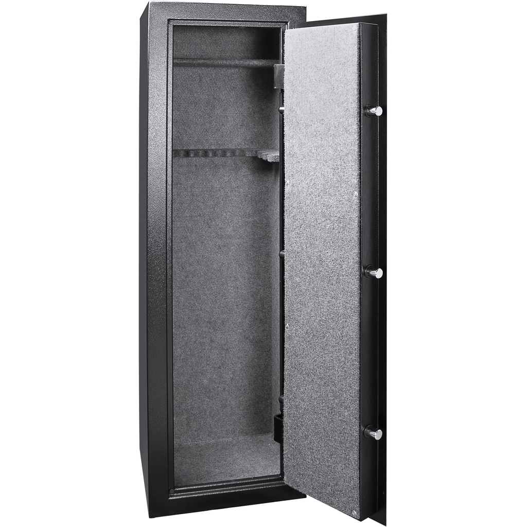 Tall black steel gun safe with interior shelving visible