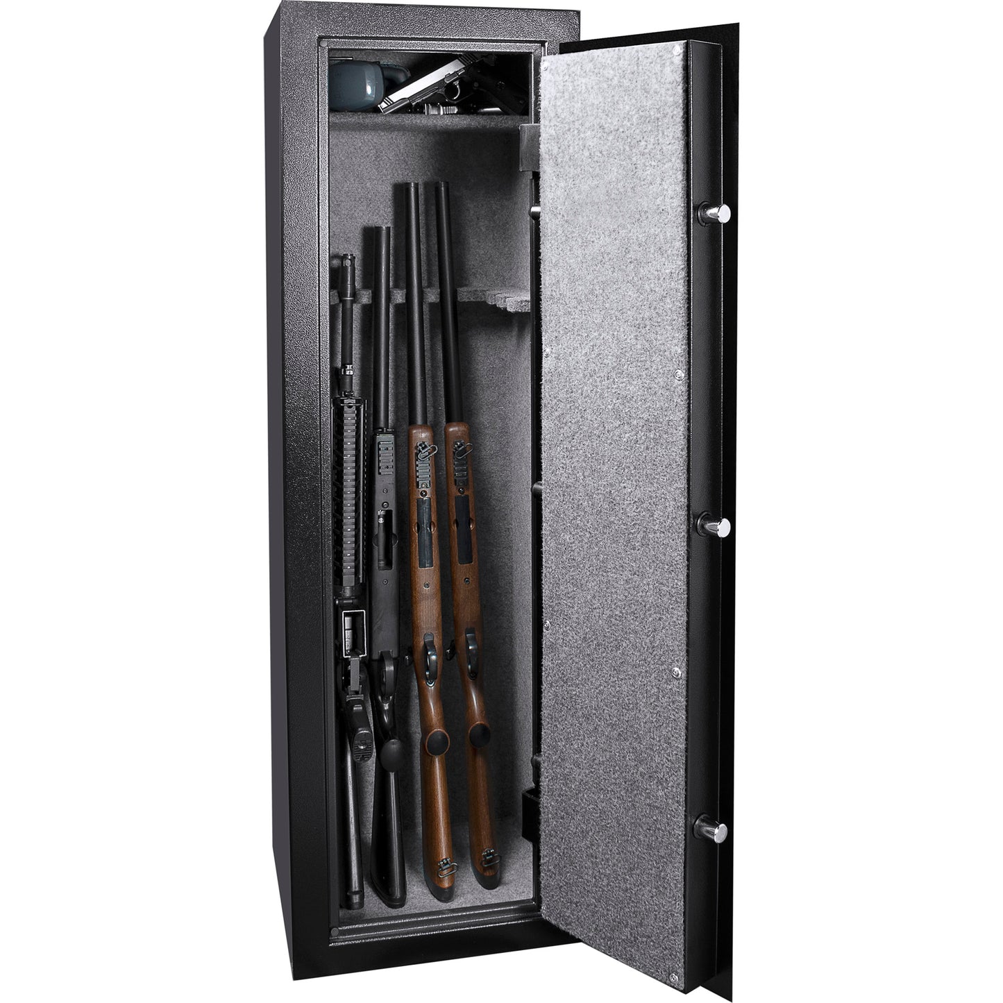 Black metal gun safe with rifles and pistol inside