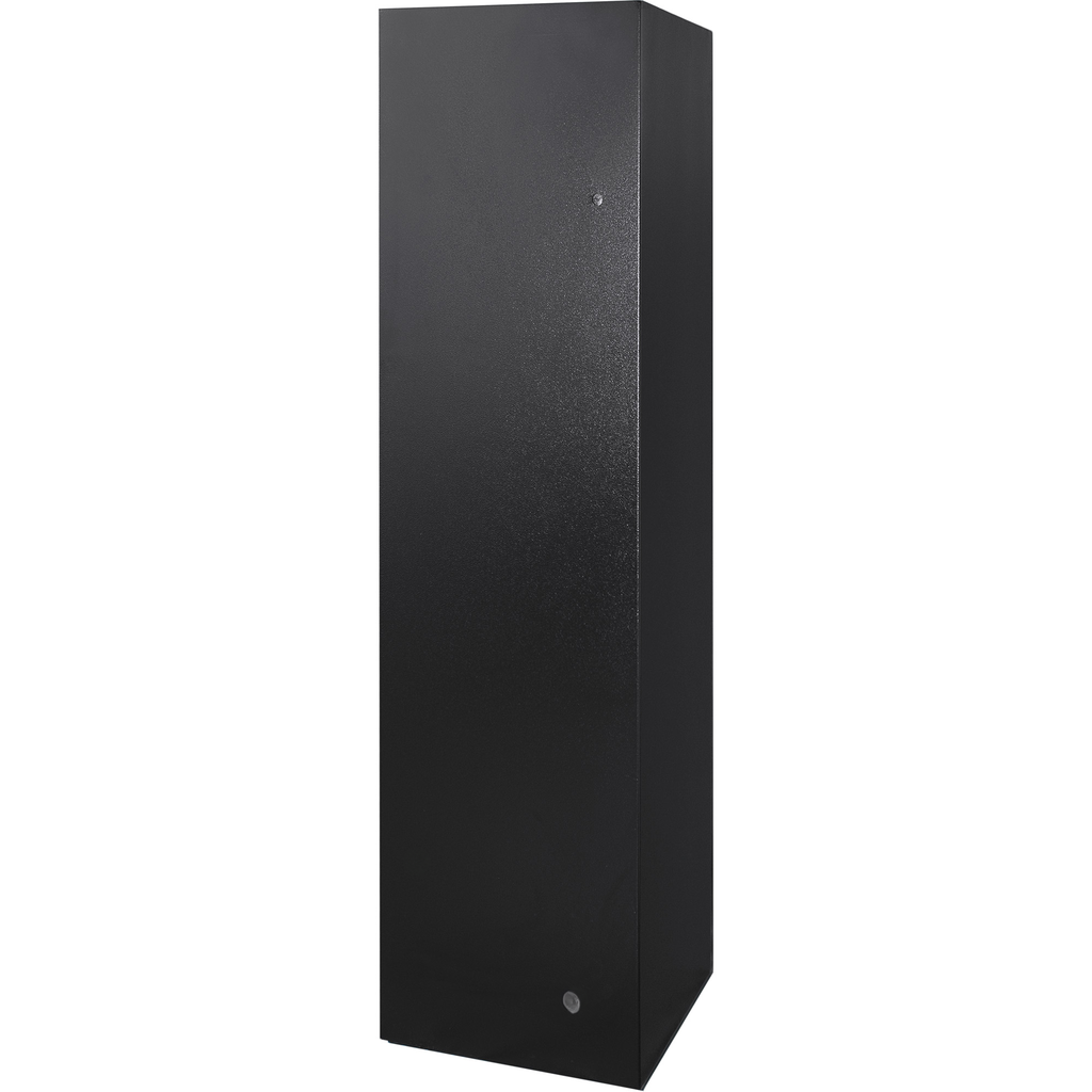 Black metal tall storage cabinet with textured finish and subtle lock detail