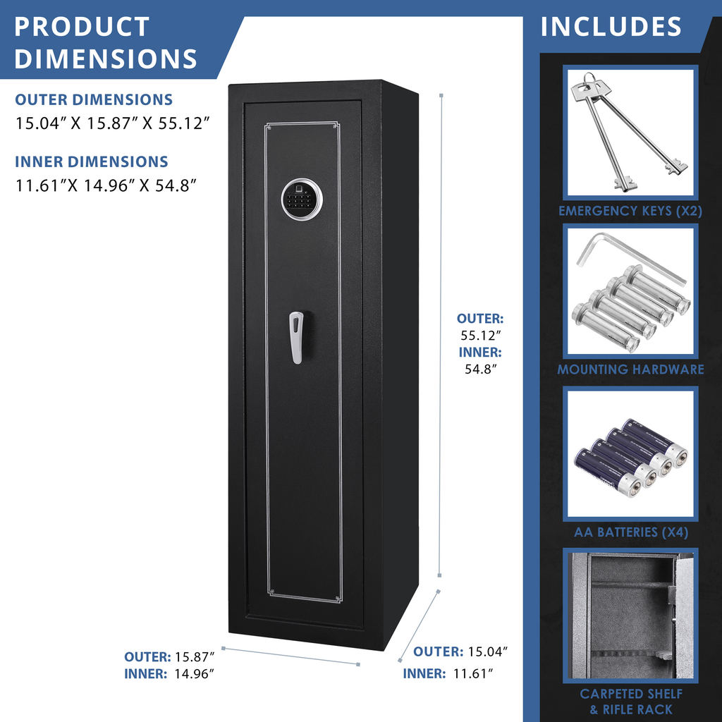 Black electronic rifle safe with digital keypad and chrome handle