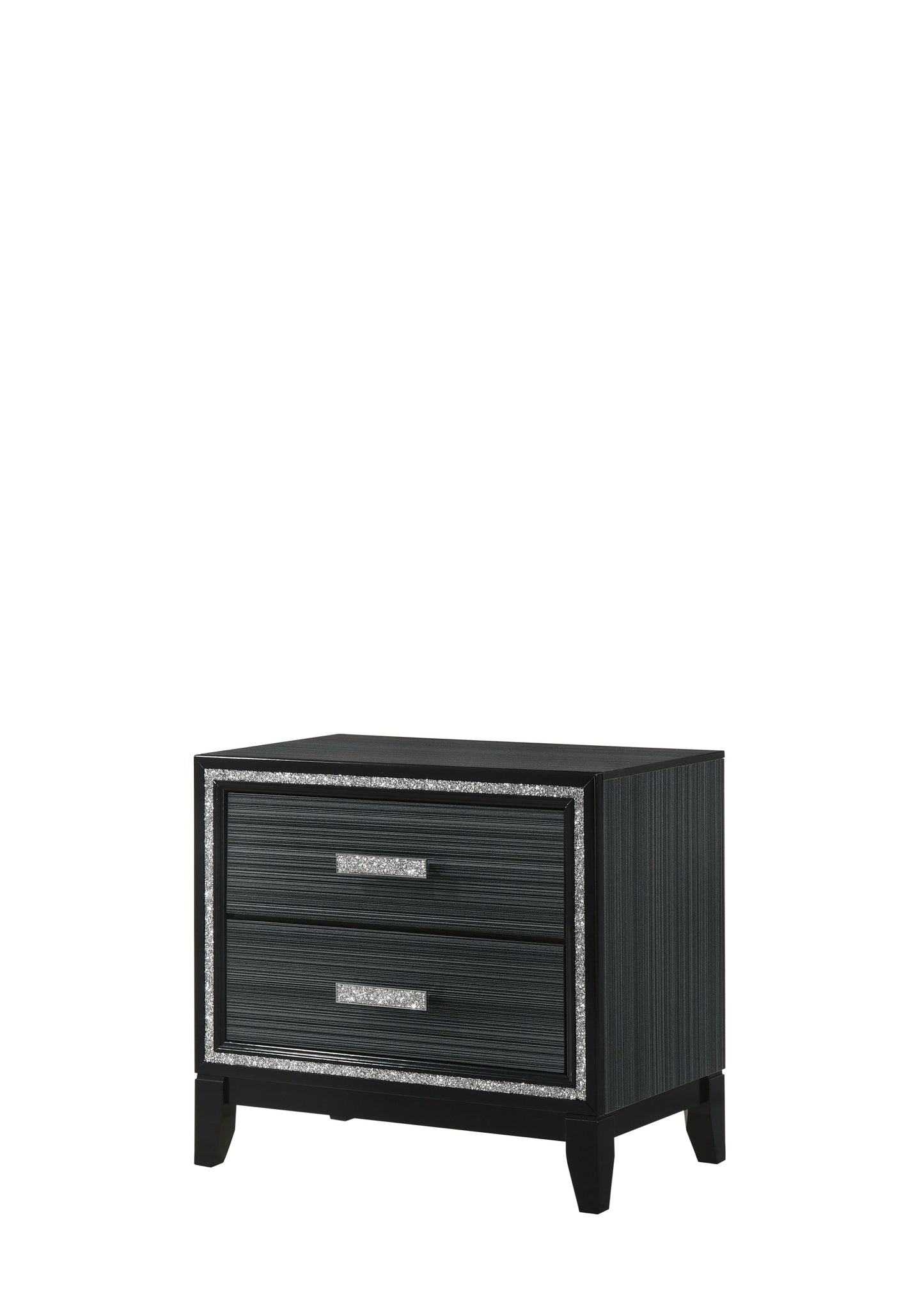 Sleek black nightstand with two drawers featuring crystalinlaid handles and silver trim accents