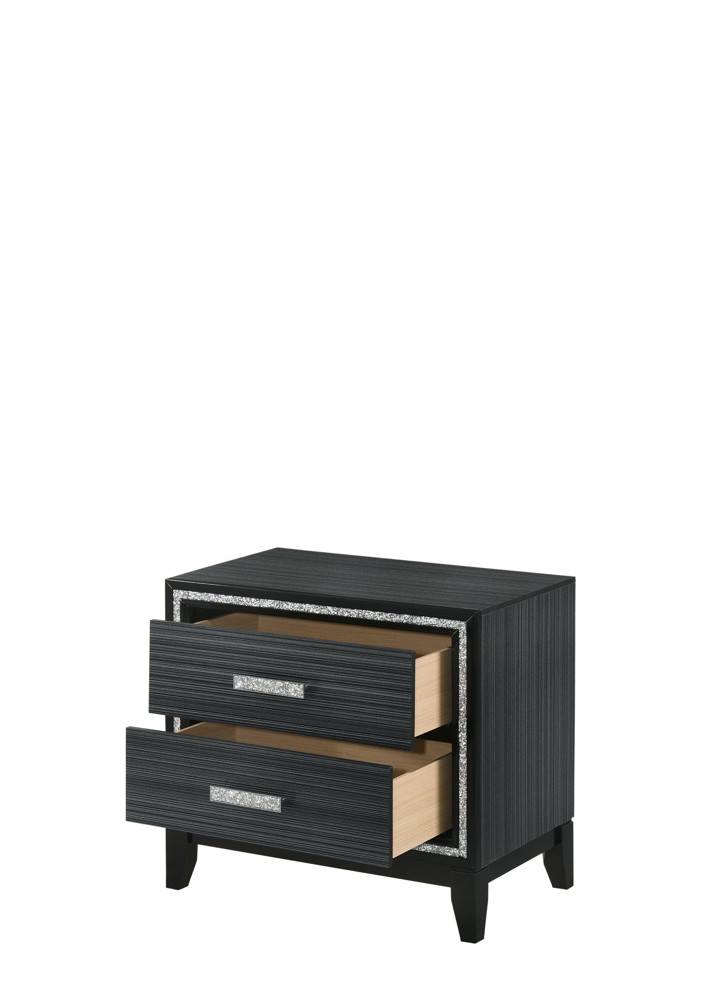 Dark wood nightstand with two drawers featuring textured fronts and crystal accents on handles and trim