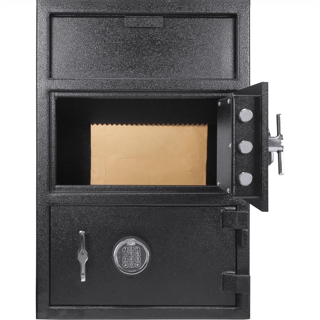 Black drop safe with digital keypad and interior envelope ideal for secure cash drops
