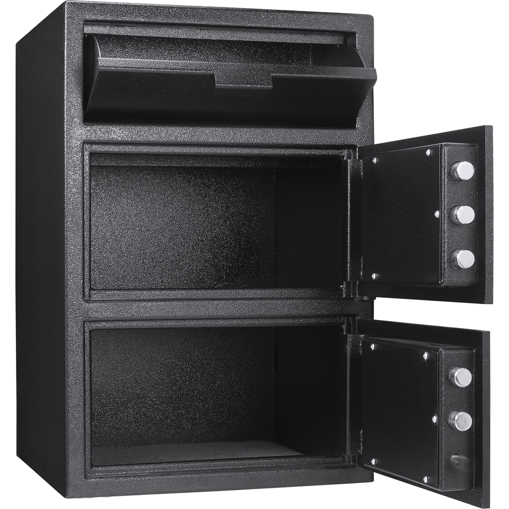 Black steel deposit safe with three compartments and open doors ideal for cash handling
