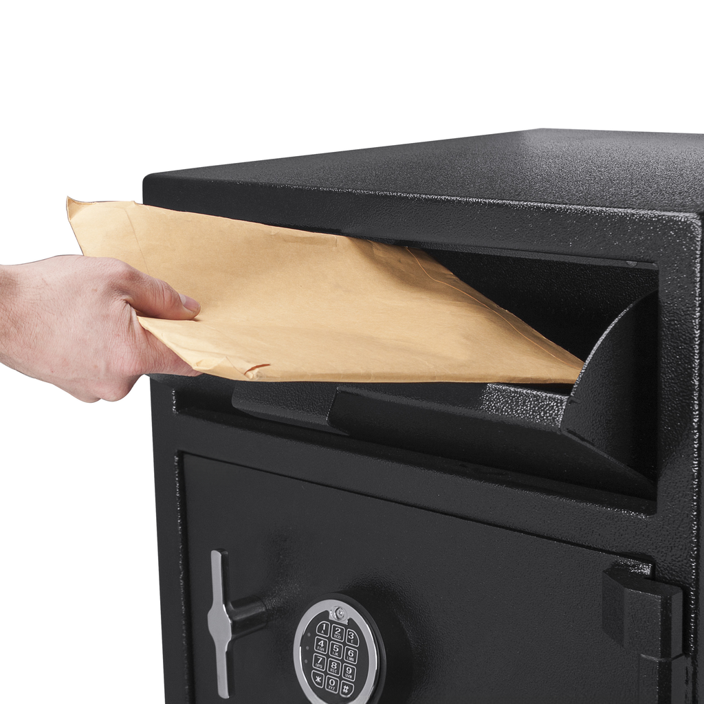 Black deposit safe with a slot for envelopes and a digital keypad for secure storage