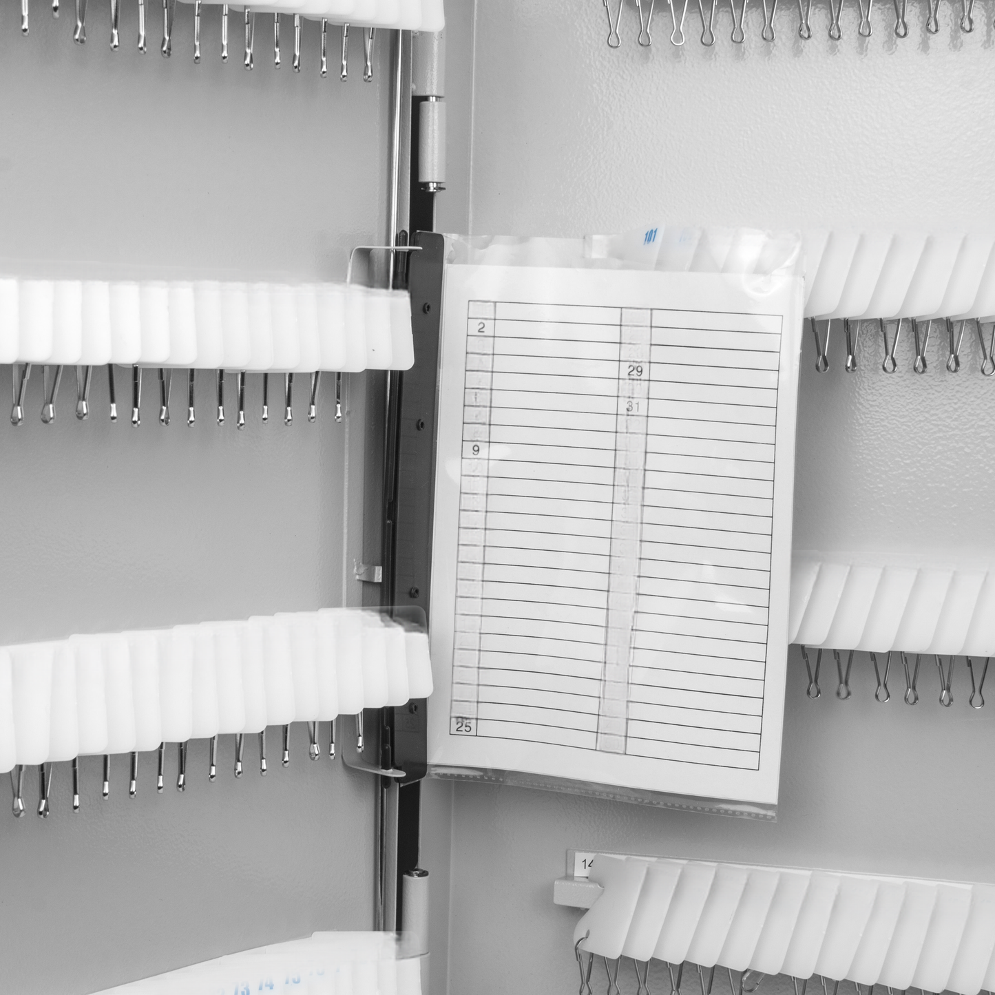 Closeup of a key organizer showing rows of white key holders and metal hooks