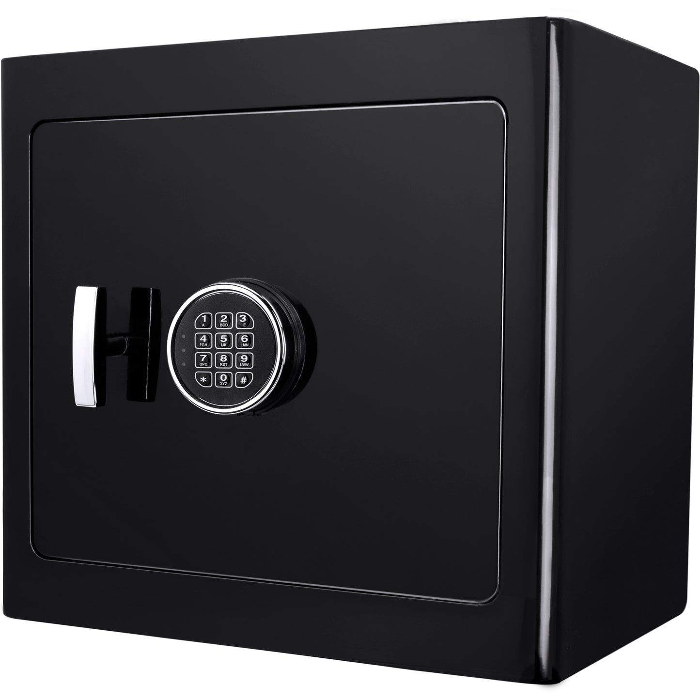 Black digital safe with chrome handle and electronic keypad