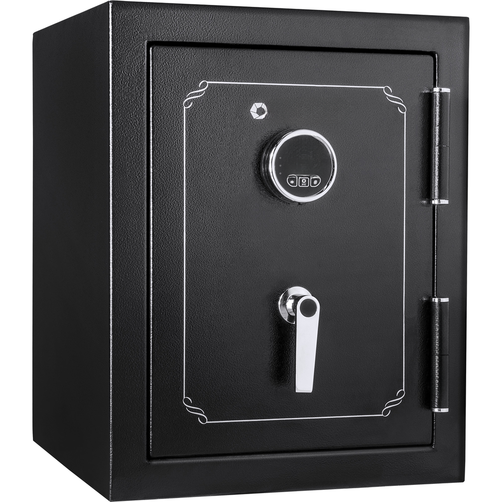 Black digital safe with chrome handle and keypad