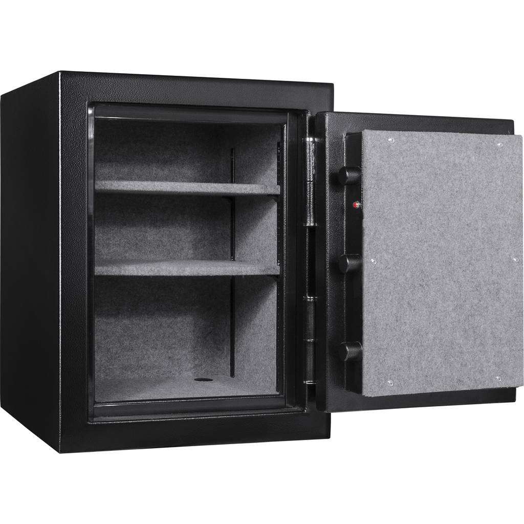 Black metal home safe with open door and grey felt interior shelves