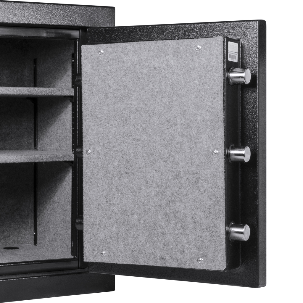 Interior view of an open black steel safe with grey felt lining and two adjustable shelves