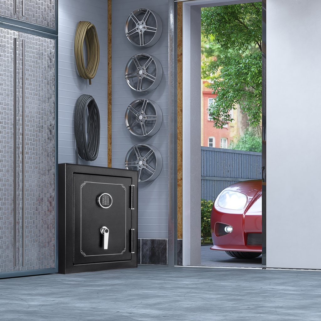 Black home safe with digital keypad and key lock