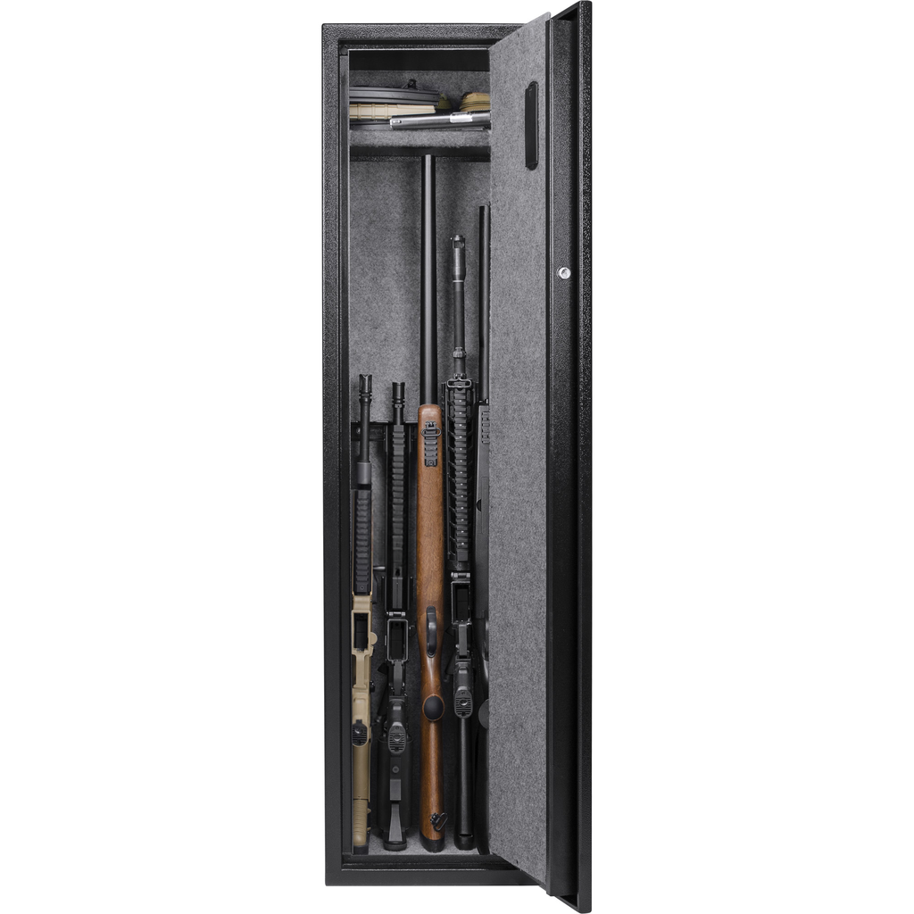 Black metal gun safe with rifles and accessories stored inside