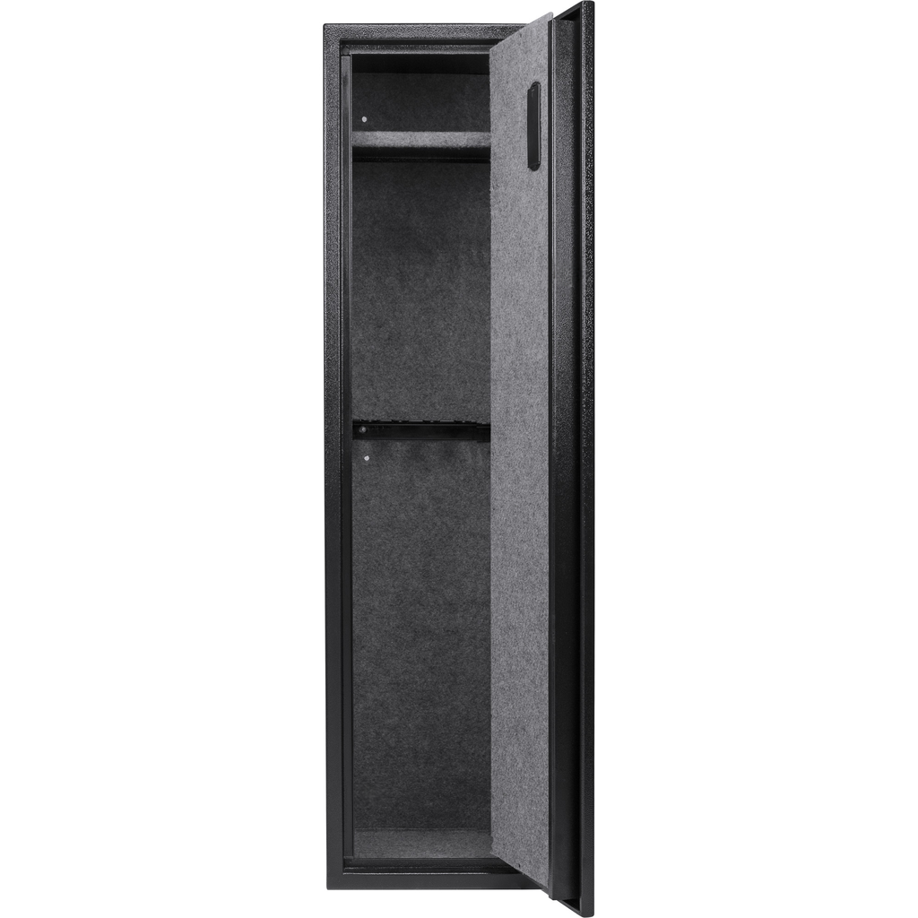 Tall gun safe with textured black exterior and grey fabric lining