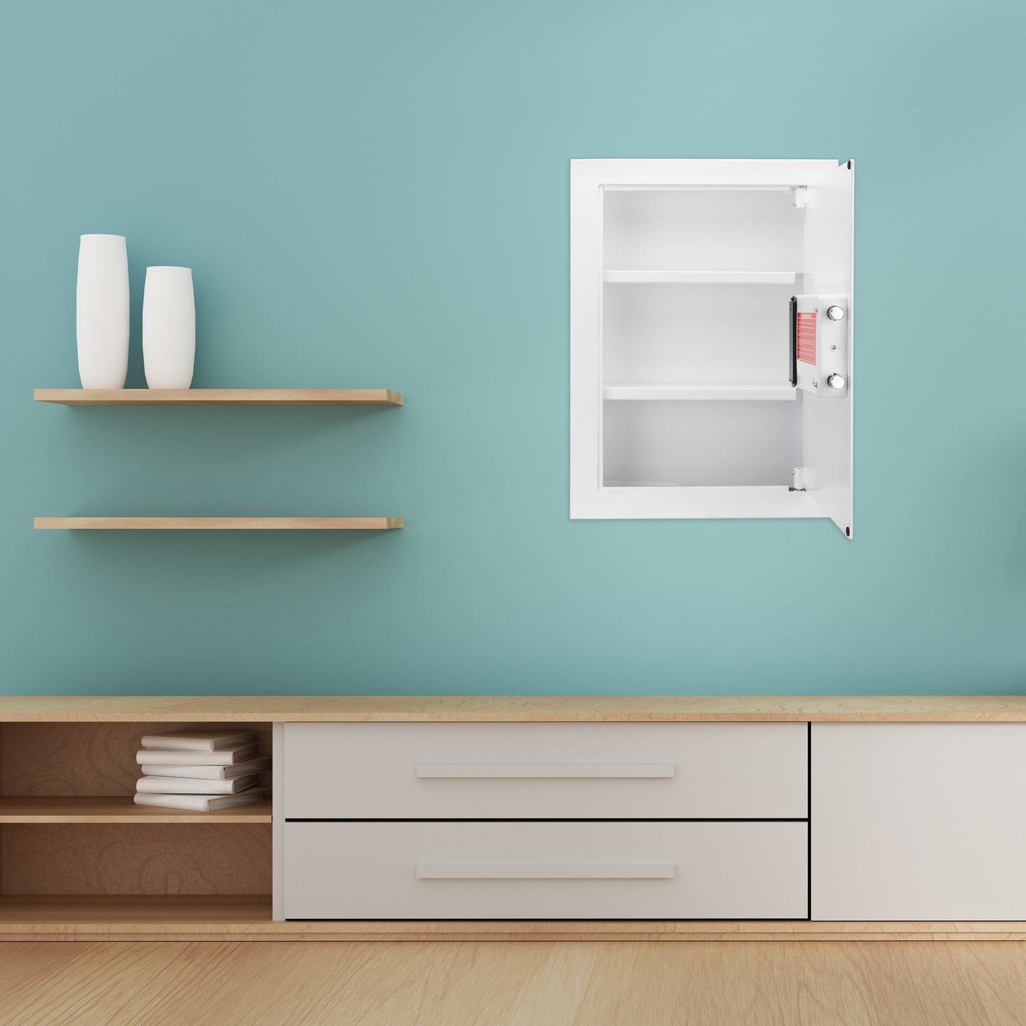 White inwall safe with digital lock and adjustable shelves ideal for home security