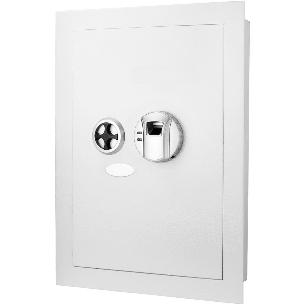 White biometric safe with fingerprint scanner and dial lock for home security