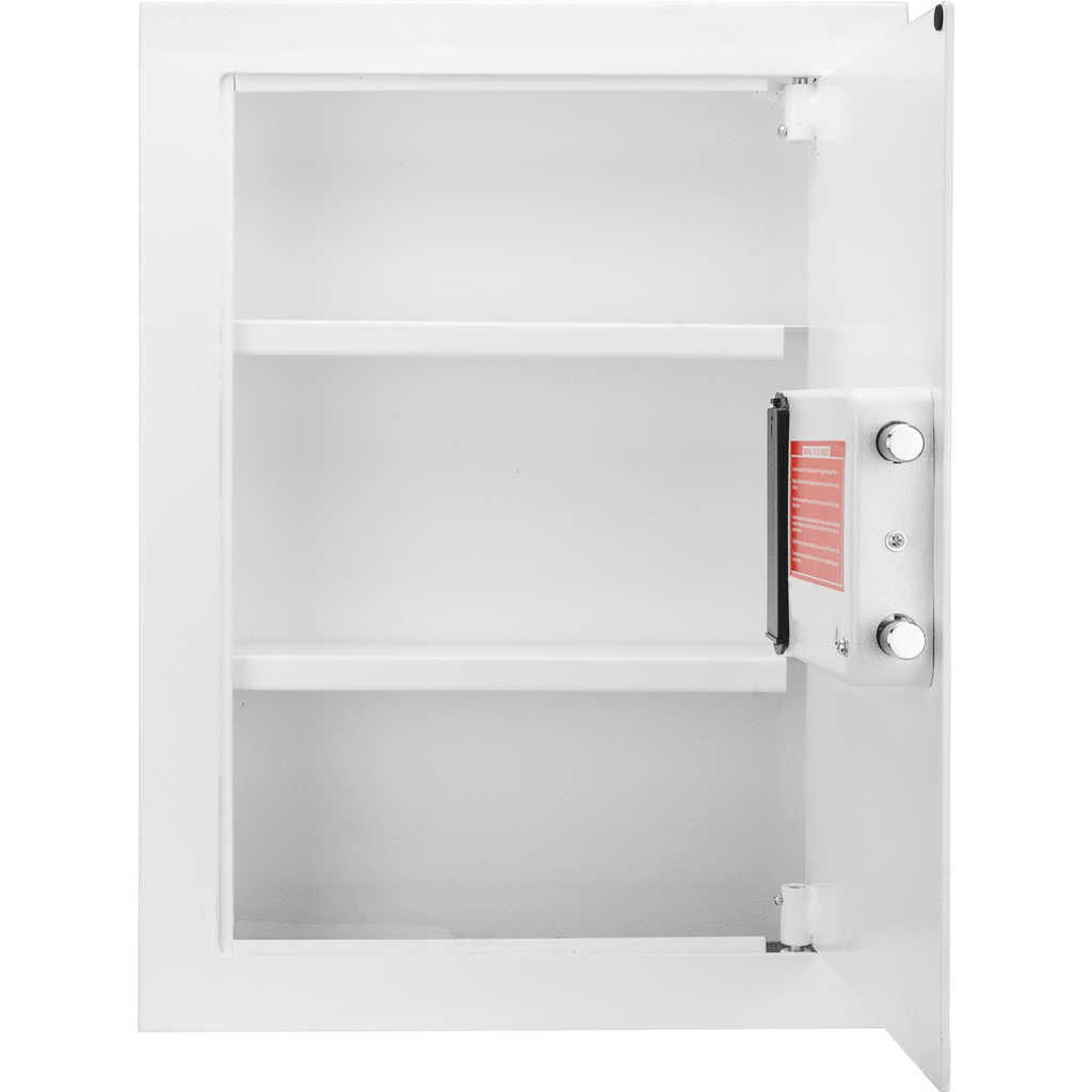White metal safe with two shelves