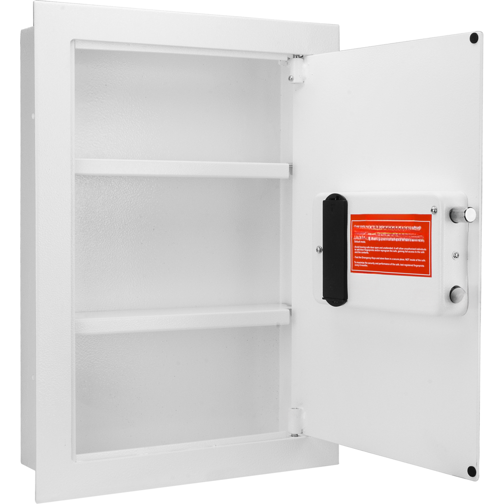 Open white metal wall safe with two shelves and a keypad lock on the door