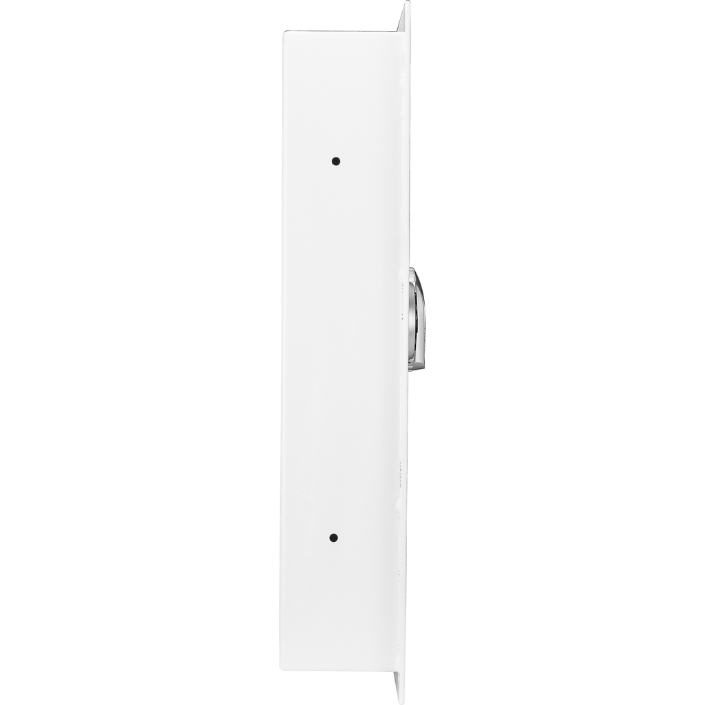 Side view of a white builtin smart lock housing with a silver dial
