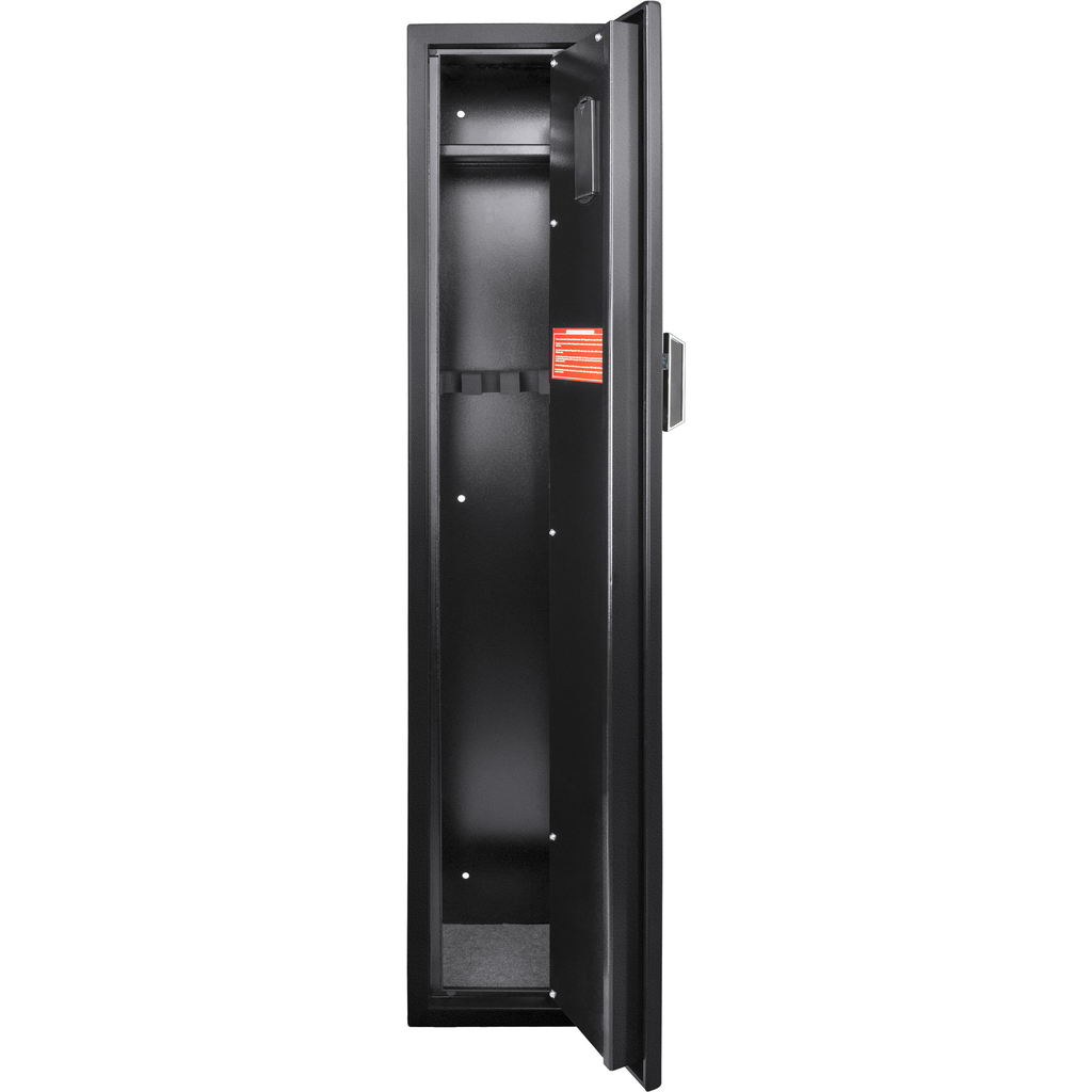 Tall black steel gun safe open with interior gun rack and digital lock mechanism visible