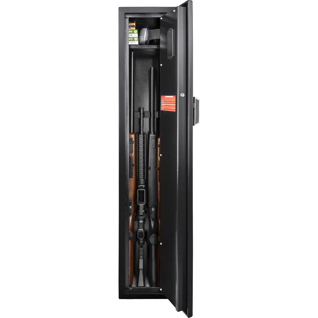 Tall gun safe with rifles and ammunition